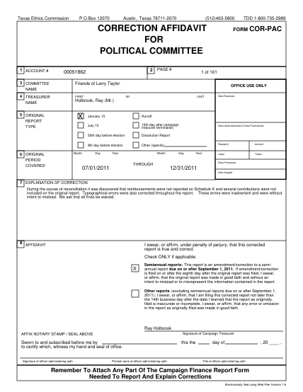 49112185-box-12070-austin-texas-78711-2070-512463-5800-correction-affidavit-for-political-committee-1-account-2-00051862-3-committee-name-first-form-cor-pac-1-of-101-friends-of-larry-taylor-4-treasurer-name-page-tdd-1-800-735-2989-office-use