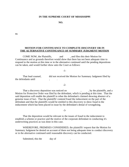 497315258-motion-for-continuance-to-complete-discovery-or-in-the-alternative-continuance-of-summary-judgment-motion-mississippi