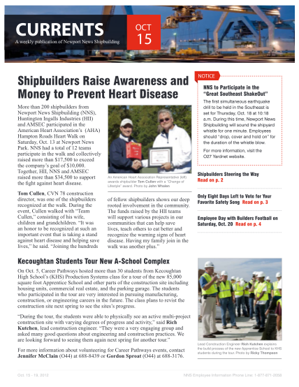 50033130-currents-oct-a-weekly-publication-of-newport-news-shipbuilding-15-shipbuilders-raise-awareness-and-money-to-prevent-heart-disease-more-than-200-shipbuilders-from-newport-news-shipbuilding-nns-huntington-ingalls-industries-hii-and-amse