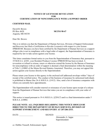 503249064-docket-no-mcins-98-47-notice-of-licensure-revocation-for-certification-of-non-compliance-with-a-support-order-david-b-brown-maine