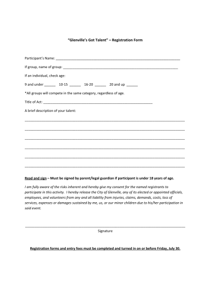 Printable Talent Show Registration Form Template Printable Forms Free 