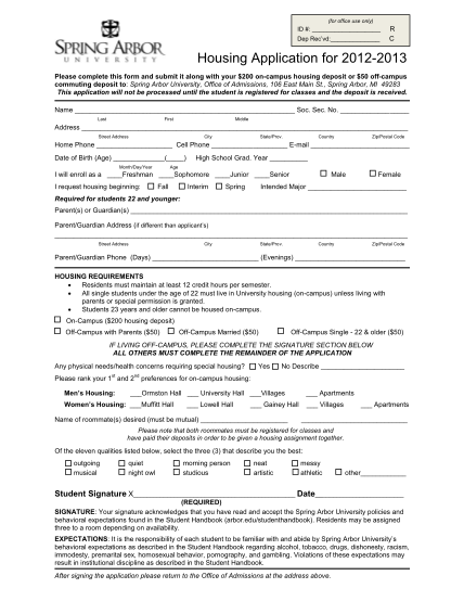 51962955-for-office-use-only-id-dep-rec-vd-r-c-housing-application-for-2012-2013-please-complete-this-form-and-submit-it-along-with-your-200-on-campus-housing-deposit-or-50-off-campus-commuting-deposit-to-spring-arbor-university-office-of