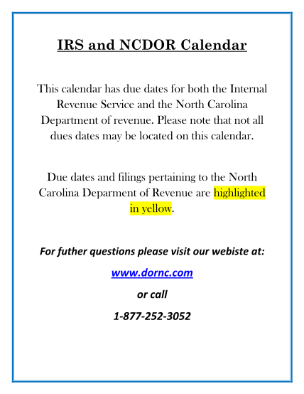 53433540-irs-and-ncdor-calendar-this-calendar-has-due-dates-for-both-the-internal-revenue-service-and-the-north-carolina-department-of-revenue-dor-state-nc