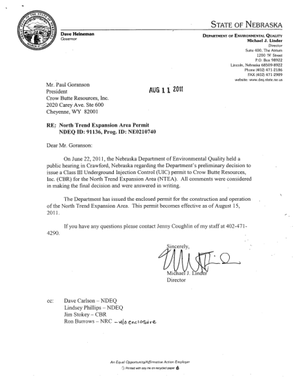 54640475-letter-from-nebraska-deq-to-crow-butte-resources-re-nrc-pbadupws-nrc