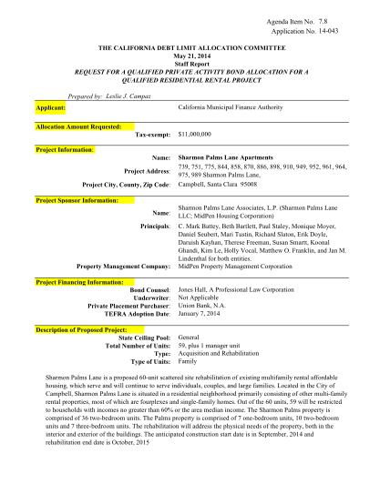 54889525-14-043-the-california-debt-limit-allocation-committee-may-21-2014-staff-report-request-for-a-qualified-private-activity-bond-allocation-for-a-qualified-residential-rental-project-prepared-by-leslie-j-treasurer-ca