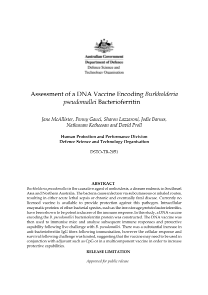 57018050-assessment-of-a-dna-vaccine-encoding-burkholderia-pseudomallei-bacterioferritin-dspace-dsto-defence-gov