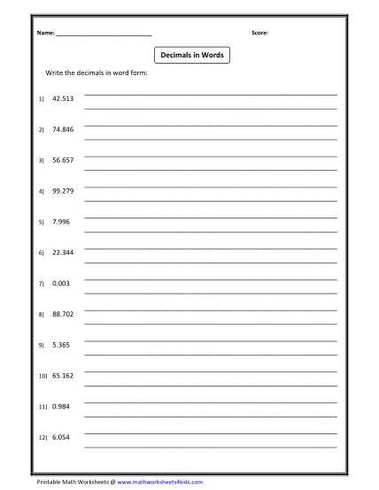Writing Decimals In Word Form Worksheet With Answers