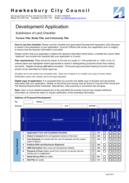 58173034-da-subdivision-of-land-checklist-fillable-2014-april-da-subdivision-of-land-checklist-fillable-2014-april-hawkesbury-nsw-gov