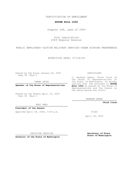 59078118-certification-of-enrollment-house-bill-1050-chapter-248-laws-of-2009-61st-legislature-2009-regular-session-public-employeesactive-military-serviceexam-scoring-preference-effective-date-072609-passed-by-the-house-january-26-2009-yeas-9