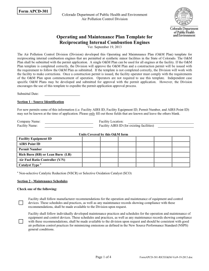 59858521-form-apcd-301-colorado-department-of-public-health-and-environment-air-pollution-control-division-operating-and-maintenance-plan-template-for-reciprocating-internal-combustion-engines-ver-colorado
