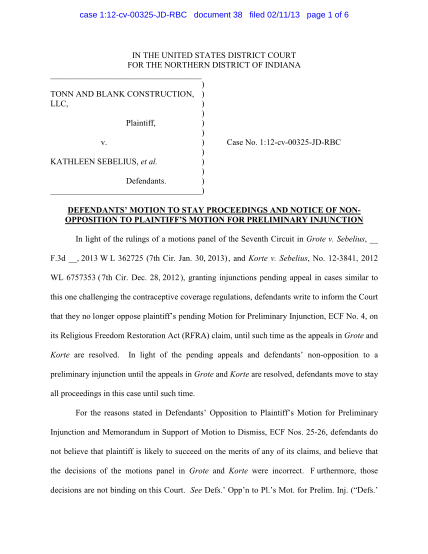 61984192-tonn-and-blank-construction-v-sebelius-defendants-motion-to-stay-proceedings-and-notice-of-non-opposition-to-plaintiffs-motion-for-preliminary-injunction-clearinghouse