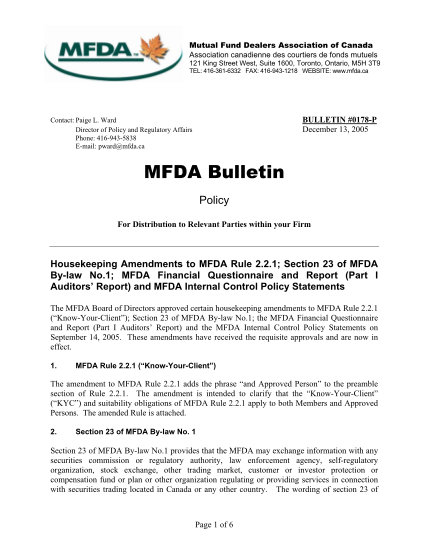 62783276-policy-bulletin-0178-p-housekeeping-amendments-to-mfda-rule-221-section-23-of-mfda-by-law-no1-mfda-financial-questionnaire-and-report-and-mfda-internal-control-policy-statements-the-mfda-board-of-directors-approved-certain-housekeepin