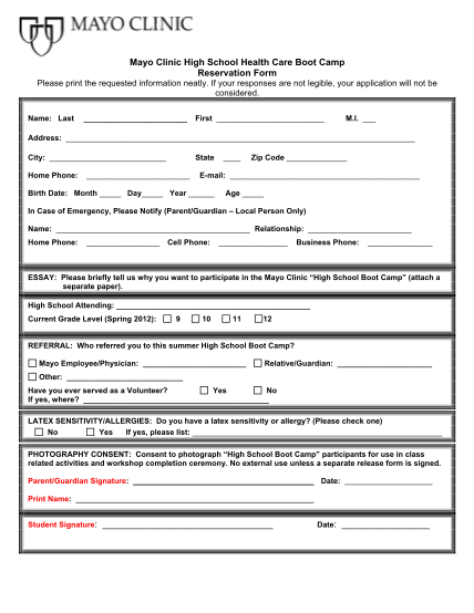 66150056-fillable-mayo-clinic-high-school-boot-camp-form