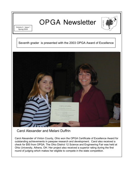 66777797-opga-newsletter-volume-2-issue-1-spring-2003-seventh-grader-is-presented-with-the-2003-opga-award-of-excellence-carol-alexander-and-melani-duffrin-carol-alexander-of-vinton-county-ohio-won-the-opga-certificate-of-excellence-award-for