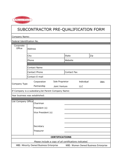 Blank Arizona Pre Qualification Form