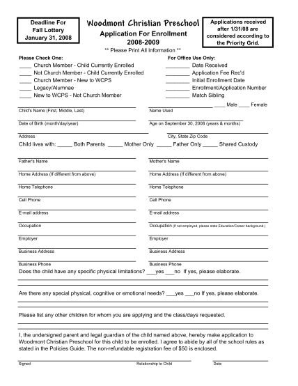 69345272-deadline-for-fall-lottery-january-31-2008-woodmont-christian-preschool-application-for-enrollment-2008-2009-applications-wcps-0809-received-page-1-after-13108-are-considered-according-to-the-priority-grid