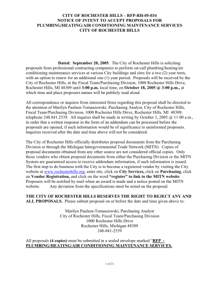 69482693-city-of-rochester-hills-rfp-rh-05-034-notice-of-intent-to-accept-proposals-for-plumbingheatingair-conditioning-maintenance-services-city-of-rochester-hills-dated-september-20-2005