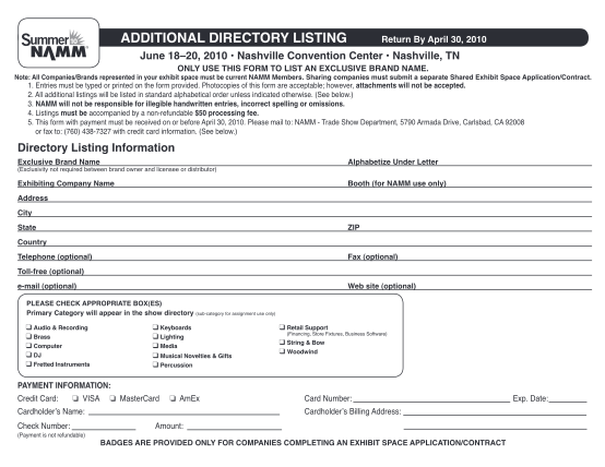 69934630-additional-directory-listing-return-by-april-30-2010-june-18-20-2010-nashville-convention-center-nashville-tn-only-use-this-form-to-list-an-exclusive-namm