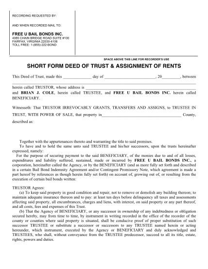 the short form deed of trust and assignment of rents is