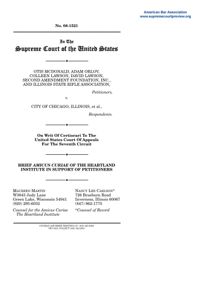 7141879-brief-of-petitioner-for-mcdonald-v-city-of-chicago-08-1521-supreme-court-amicus-curiae-brief-on-the-merits-of-petitioner-for-mcdonald-v-city-of-chicago-08-1521-heartland