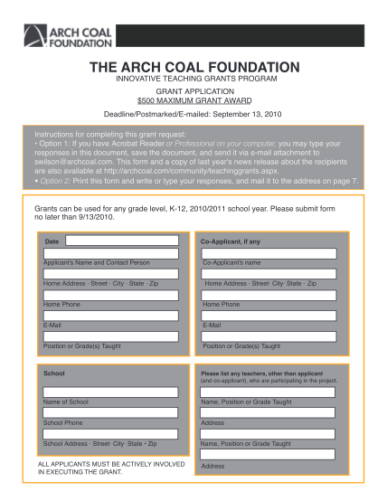 72658169-the-arch-coal-foundation-innovative-teaching-grants-program-grant-application-500-maximum-grant-award-deadlinepostmarkede-mailed-september-13-2010-instructions-for-completing-this-grant-request-robat-reader-or-professional-on-your