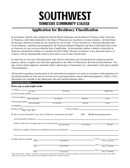 7350248-fillable-southwest-tennessee-application-for-residency-classification-form-southwest-tn