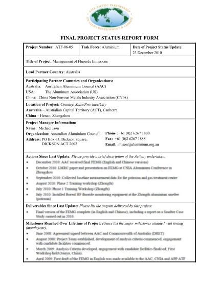 73795119-final-project-status-report-form-project-number-atf-06-05-task-force-aluminium-date-of-project-status-update-23-december-2010-title-of-project-management-of-fluoride-emissions-lead-partner-country-australia-participating-partner