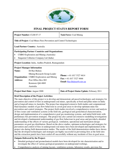 73795502-final-project-status-report-form-project-number-clm-07-17-task-force-coal-mining-title-of-project-coal-mines-fires-prevention-and-control-technologies-lead-partner-country-australia-participating-partner-countries-and-organizations