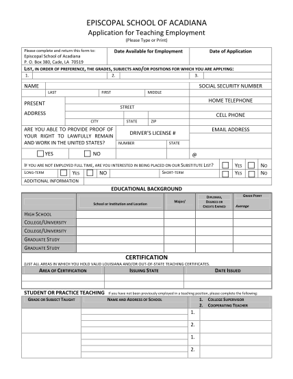 7381497-esaemploymentap-plication-employment-application-pdf----episcopal-school-of-acadiana-other-forms