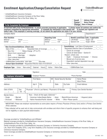7426859-fillable-united-healthcare-enrollment-applicationchangecancellation-request-fillable-form