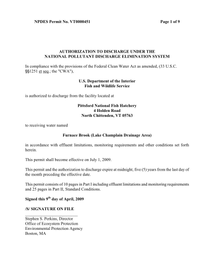 7514093-pittsford-national-fish-hatchery-final-permit-vt0000451-04092009-contains-npdes-permit-forms-attachments-for-the-pittsford-national-fish-hatchery-in-north-chittendon-vt-to-discharge-into-furnace-brook-lake-champlain-drainage-area-epa