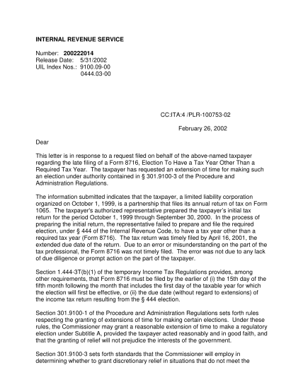 7541003-200222014-this-letter-is-in-response-to-a-request-filed-on-behalf-of-the-above-named-taxpayer-regarding-the-late-filing-of-a-form-8716-election-to-have-a-tax-year-other-than-a-required-tax-year-the-taxpayer-has-requested-an-extension