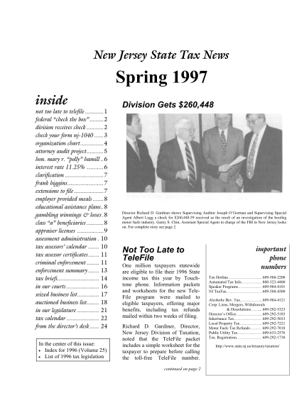 7615334-state-tax-news-spring-1997-vol-26-no-1-state-tax-news-not-too-late-to-telefile-federal-check-the-box-division-receives-check-check-form-nj-1040-organization-chart-attorney-audit-project-interest-rate-1125-clarification-frank-higgins-n