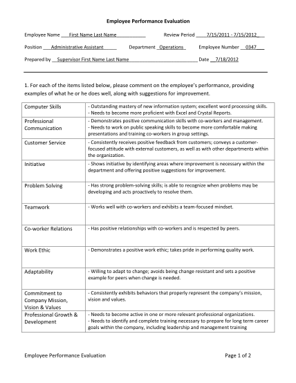 22 employee performance evaluation form excel page 2 - Free to Edit ...