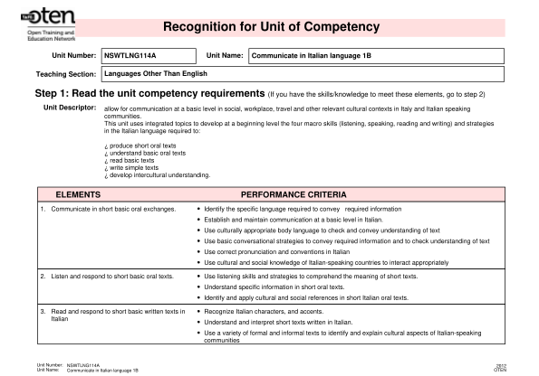 76831074-recognition-for-unit-of-competency-unit-number-teaching-section-nswtlng114a-unit-name-communicate-in-italian-language-1b-languages-other-than-english-step-1-read-the-unit-competency-requirements-if-you-have-the-skillsknowledge-to-meet