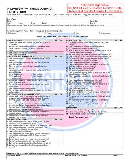 79482510-notre-dame-high-school-mshsaa-athletes-participation-form-2013-2014-physical-must-be-dated-february-1-2013-or-after-pre-participation-physical-evaluation-history-form-note-this-form-is-to-be-filled-out-by-the-patient-and-parent-prior