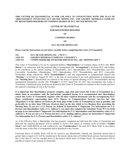 8065097-letter-of-transmittal-for-shareholders-golden-minerals-company