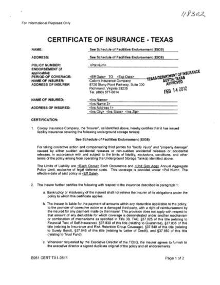 85882998-colony-insurance-company-certificate-of-insurance-texas-e051-cert-tx1-0511-tdi-texas