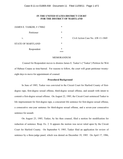 86080398-case-811-cv-01869-aw-document-11-filed-110911-page-1-of-5-in-the-united-states-district-court-for-the-district-of-maryland-james-e-gpo