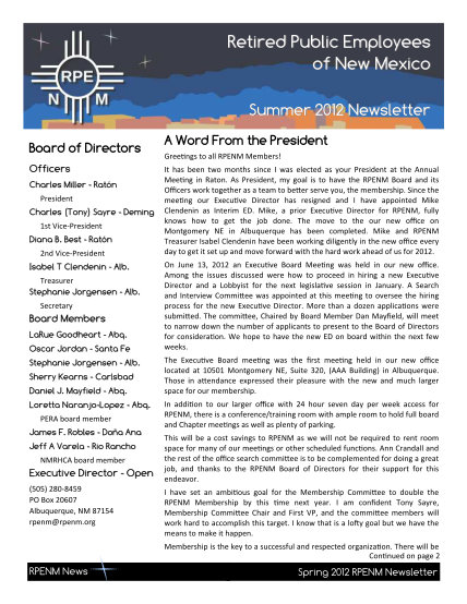 87888668-retired-public-employees-of-new-mexico-summer-2012-newsletter-board-of-directors-officers-charles-miller-rat-n-president-charles-tony-sayre-deming-1st-vice-president-diana-b-rpenm
