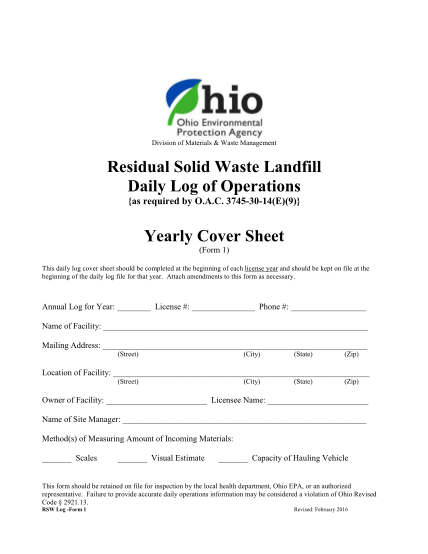 88156470-residual-waste-landfill-daily-log-of-operations-yearly-cover-sheet-epa-ohio