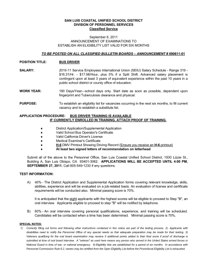 88248449-san-luis-coastal-unified-school-district-division-of-personnel-services-classified-service-september-6-2011-announcement-of-examinations-to-establish-an-eligibility-list-valid-for-six-months-to-be-posted-on-all-classified-bulletin-boa