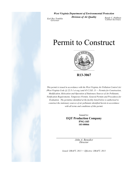 88325345-huffman-earl-ray-tomblin-governor-cabinet-secretary-permit-to-construct-r133067-this-permit-is-issued-in-accordance-with-the-west-virginia-air-pollution-control-act-west-virginia-code-2251-et-seq-dep-wv