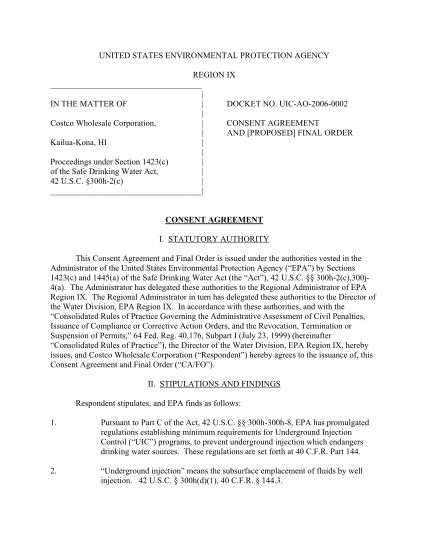 8883365-quotconsent-agreement-and-proposed-final-order-costco-wholesale-corporation-kailua-kona-hawaii-quot-quotcontains-docket-no-uic-ao-2006-0002-consent-agreement-amp-proposed-final-order-costco-wholesale-incl-proposed-order-of