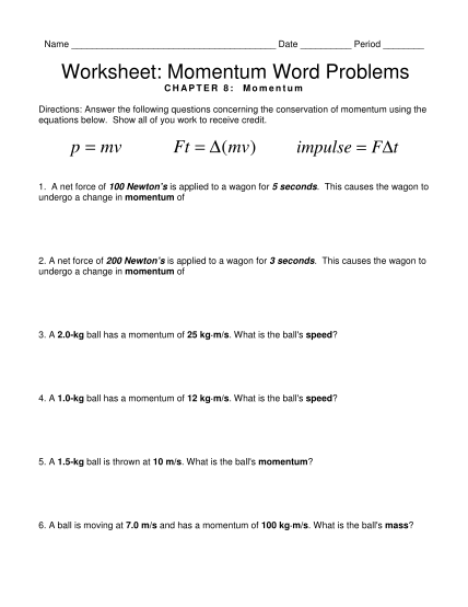 Skills Worksheet Math Skills Momentum Answer Key