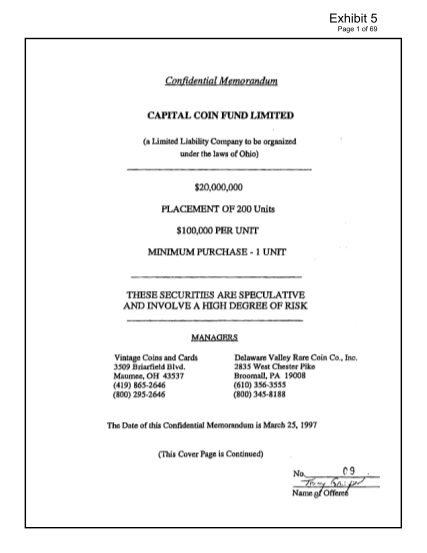 89368891-exhibit-5-page-1-of-69-confidential-memorandum-capital-coin-fund-limited-a-limited-liability-company-to-be-organized-under-the-laws-of-ohio-20000000-placement-of-200-units-100000-per-unit-m1nil-1um-purchase-1-unit-watchdog-ohio
