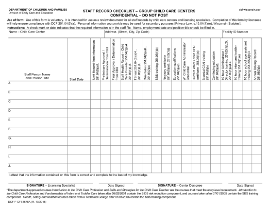 91593403-staff-record-checklist-group-child-care-centers-dcf-f-cfs-1675a-page-1-of-form-dcf-wisconsin