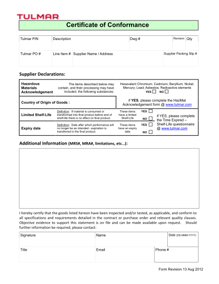 96529591-tulmar-std-c-of-c-form-suppliers-certificate-of-conformance