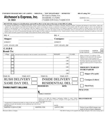 uniform straight bill of lading form