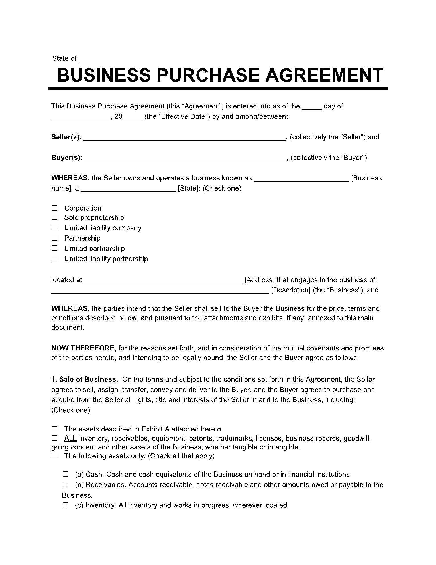 Free Business Purchase & Sale Agreement